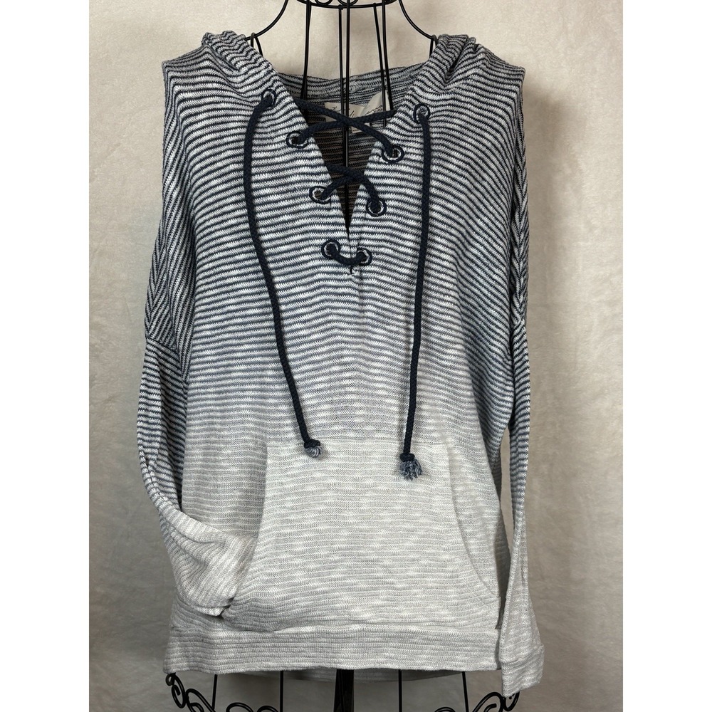 Vintage Havana Womens Small Sweater Blue White Striped Ombre Knit Hoodie Lace-Up